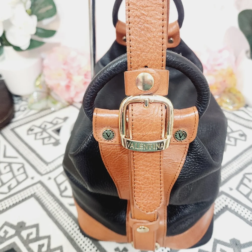 Authentic Valentina Handbag/Sling Backpack Color Black and Tan_4